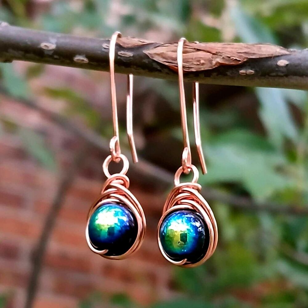 Holographic Glass Beaded Dangle Earrings, Wire Wrapped, Copper, Boho Statement